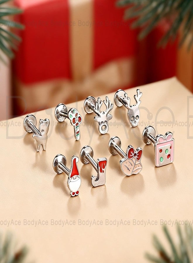 BodyAce Christmas Labret Studs Lip Ring Flat Back Tragus Earrings for Women 16 Gauge Christmas Santa Conch Cartilage Piercing Cute Helix Jewelry [Bar Length:8mm] - Image 5